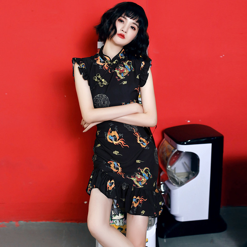 黑色年轻款少女小个子中国风夏旗袍 甜蜜佳衣旗袍