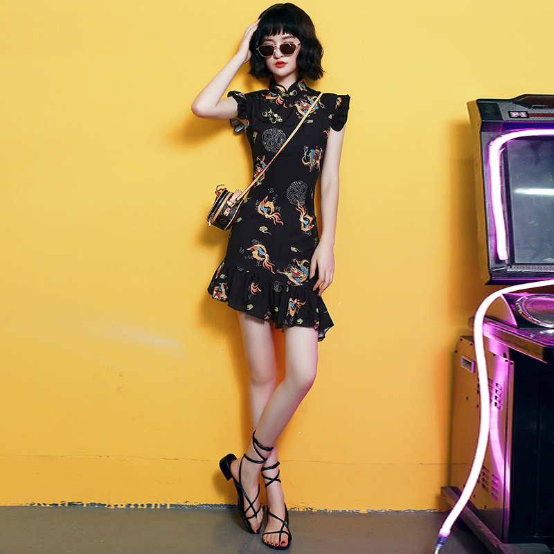 黑色年轻款少女小个子中国风夏旗袍 甜蜜佳衣旗袍