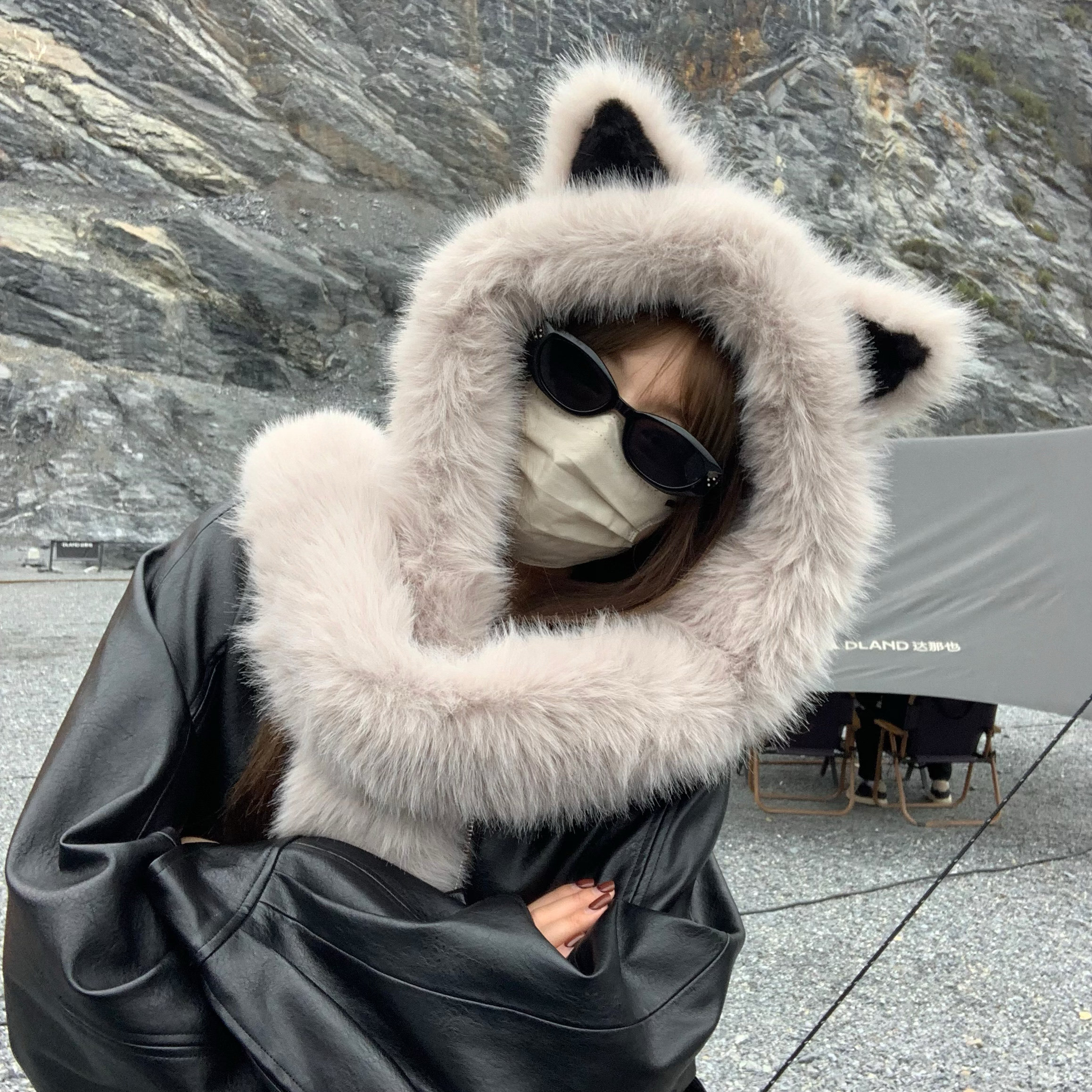 丁走走加厚毛绒狐狸耳朵帽子围巾一体冬季东北防寒保暖雷锋帽护耳