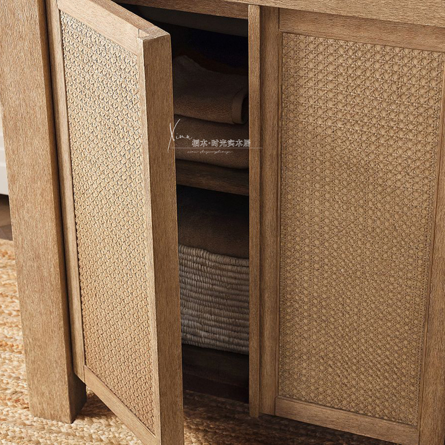 北欧复古实木浴室柜浴室中古风藤编洗手台卫生间现代简约洗手盆柜,淘宝优惠券,粉丝福利购,淘宝优惠卷