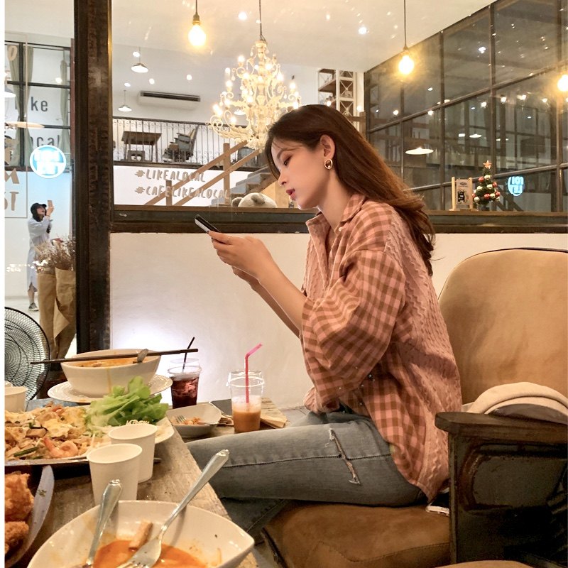 格子女2020秋装新款韩版少女衬衫 谜秀衬衫