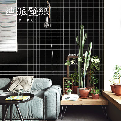 北欧风格黑色砖块砖纹墙纸ins风黑白格子壁纸服装店奶茶店背景墙 虎窝淘