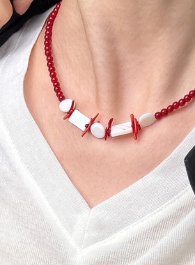 原创韩系新年红天然贝母项链