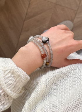 灰月光白阿塞爱心黑曜石三圈手串
