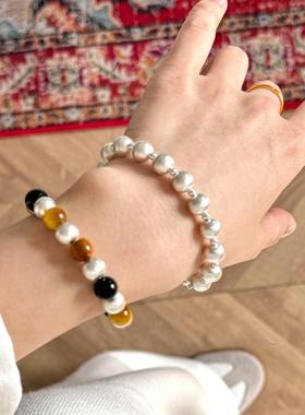 小众设计天然石虎眼石镭射星光磨砂拉丝珠手链通体S925银复古气质