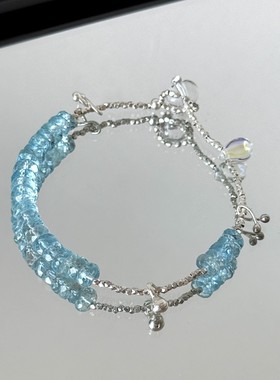 夏日清透S925纯银天然海蓝宝泰银白水晶手串小众精致百搭清冷