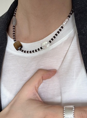 复古撞色渐变天然石串珠项链