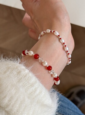 S925银红玛瑙珍珠水晶手串