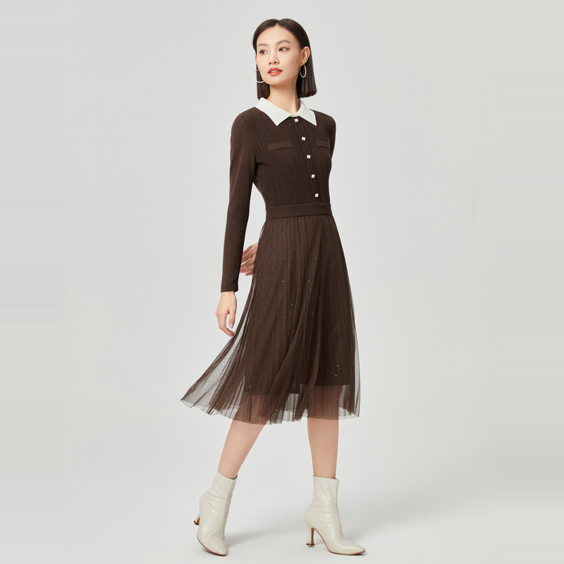 NAERSI娜尔思绵羊毛撞色翻领连衣裙竖条纹肌理25冬季新款闪纱纱裙