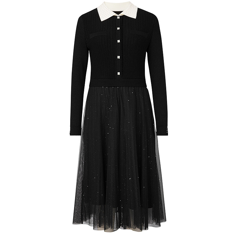 NAERSI娜尔思绵羊毛撞色翻领连衣裙竖条纹肌理25冬季新款闪纱纱裙