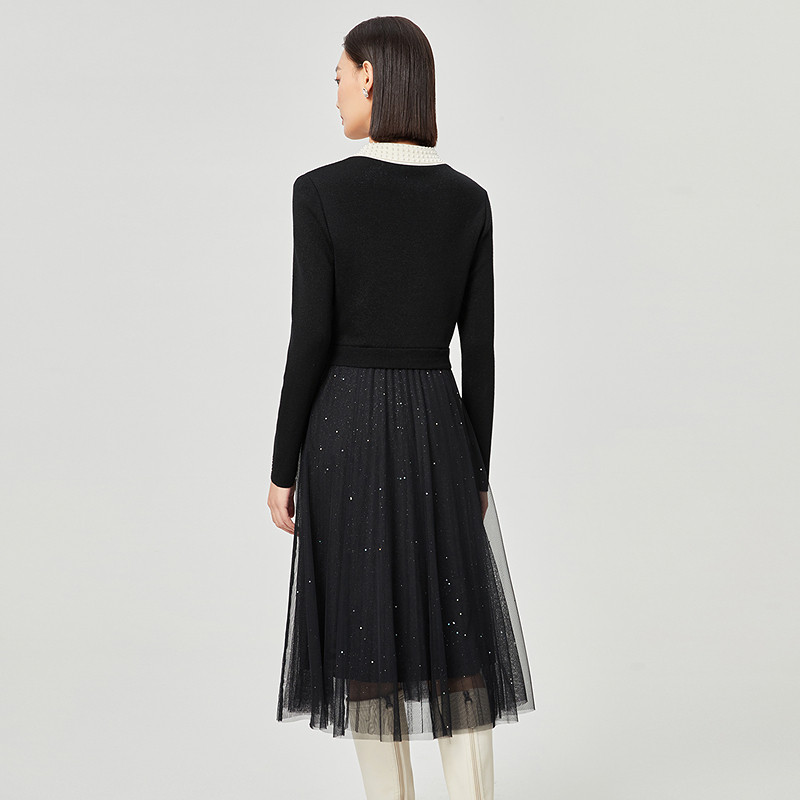 NAERSI娜尔思绵羊毛撞色翻领连衣裙竖条纹肌理25冬季新款闪纱纱裙