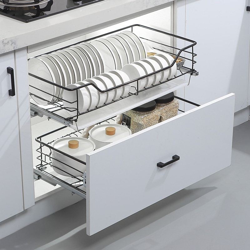 浅居拉篮厨房橱柜浅柜碗篮35深不锈钢碗碟篮双层抽屉式碗架调味篮