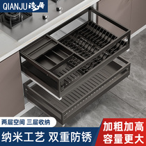 Pull Basket Kitchen Cabinet 304 Stainless Steel Double Layer Drawer Bowl Rack Seasoned Basket Kitchen Cabinet Built-in Containing Dish Basket