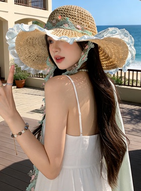 花边飘带编织帽子女款2026新款夏季海边沙滩遮阳防晒田园风草帽女