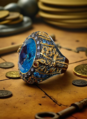 土耳其复古海蓝宝925银镀金戒指