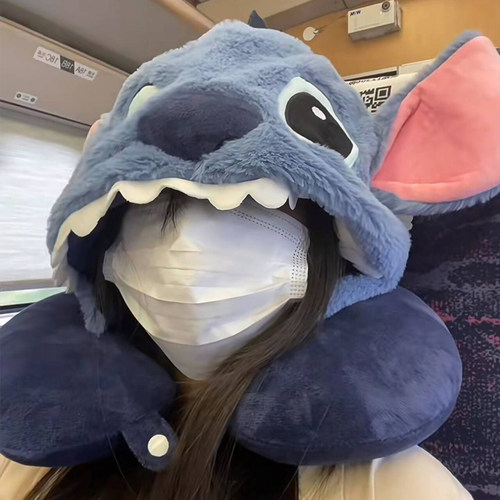 可爱史迪仔u型枕连帽旅行便携睡觉办公室用长途护颈椎脖子U形枕头 - 图3