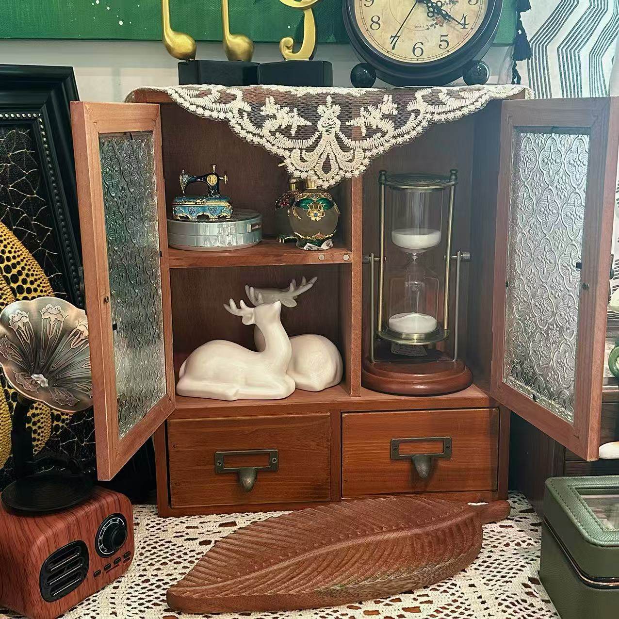 复古实木收纳柜 带玻璃门双抽屉储物柜  客厅卧室复古做旧置物柜,淘宝优惠券,粉丝福利购,淘宝优惠卷