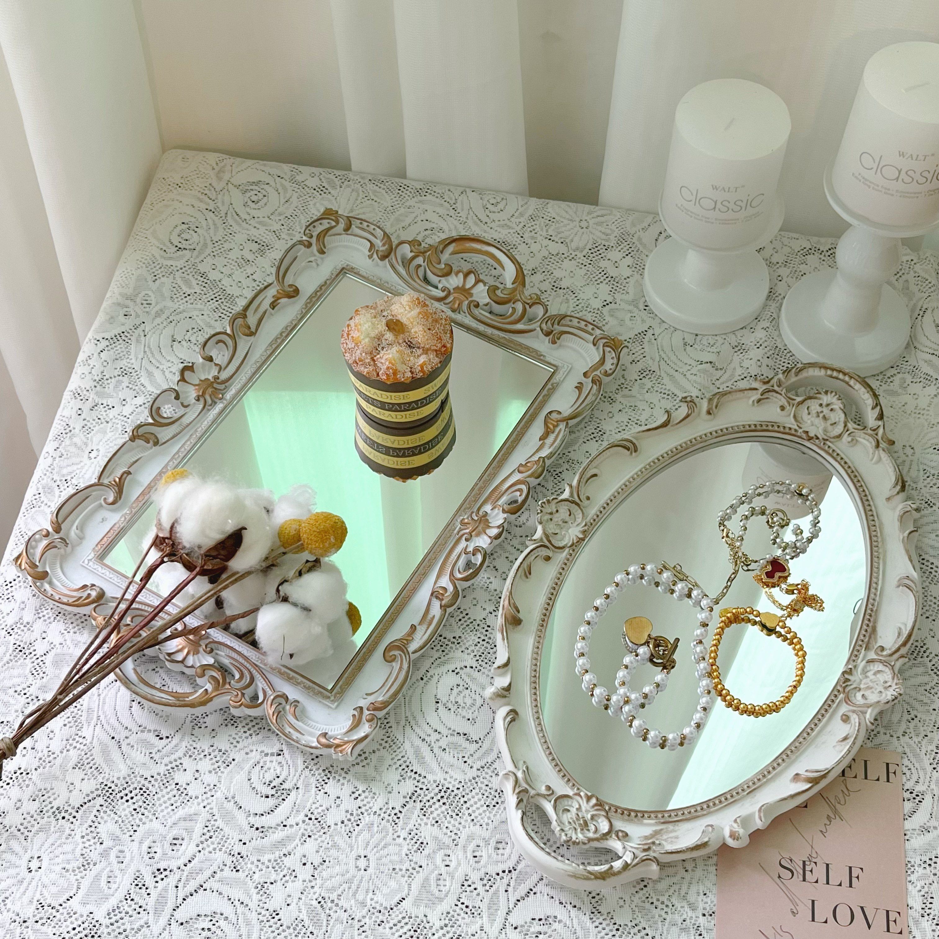 法式复古雕花镜面托盘 金银双色+方圆两形 轻奢首饰收纳盘,淘宝优惠券,粉丝福利购,淘宝优惠卷