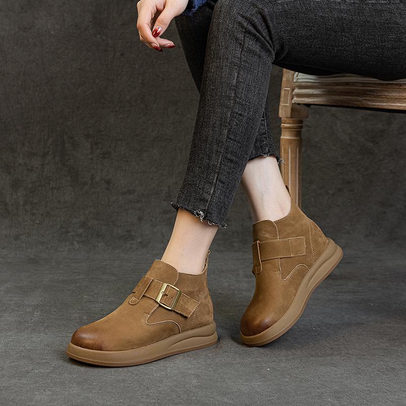 勃肯短靴头层牛皮休闲高帮新秋冬季加绒平跟厚底复古文艺短筒女鞋 - 图2