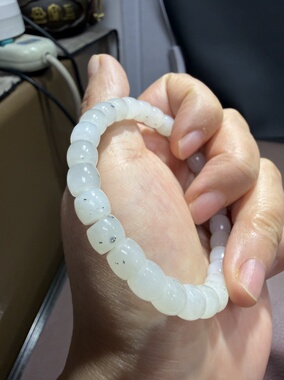 清货天然和田玉白玉点墨直切手链手串6×7mm528号无伤裂