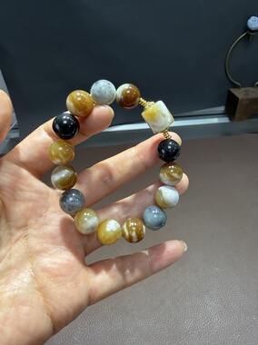 天然新疆和田玉楼兰三色牛轧糖手串12mm玉石手链女款手串533号