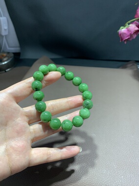 天然和田玉碧玉阳绿色手链手串少黑点12mm油性好521号