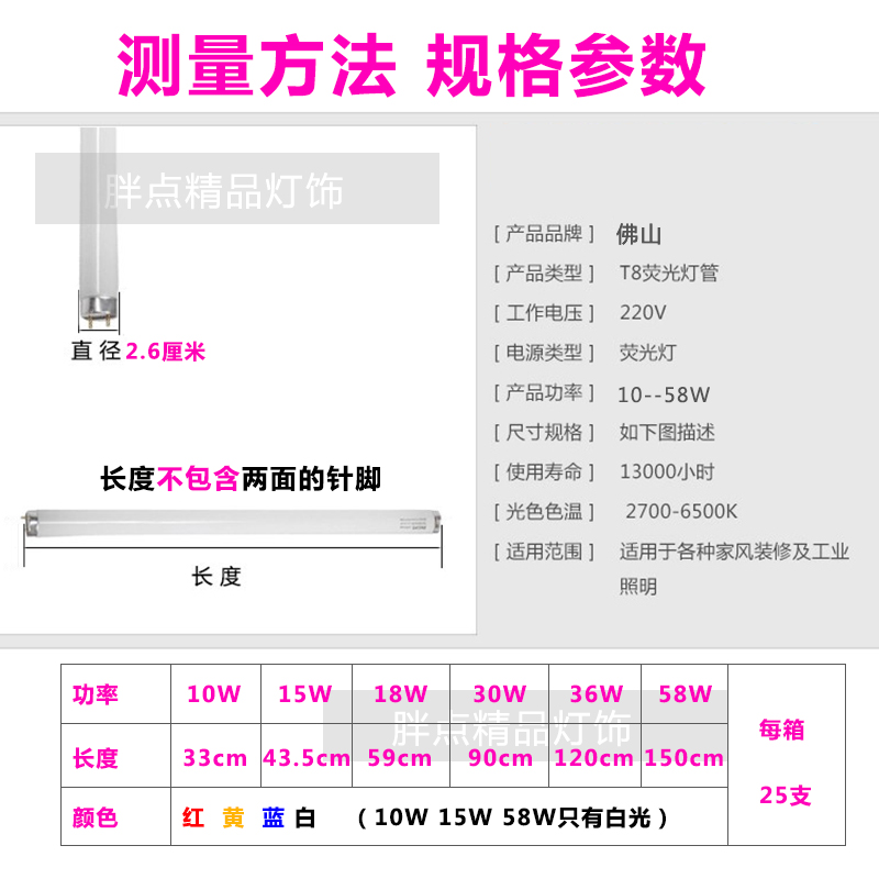 T8长条家用荧光三基色老式格栅灯鱼缸红蓝绿18w30w36w1.2米灯管-图1