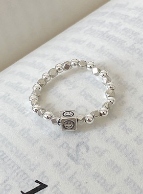 碎银子方块笑脸弹力绳戒指女指环925纯银小众ins简约百搭银饰新款