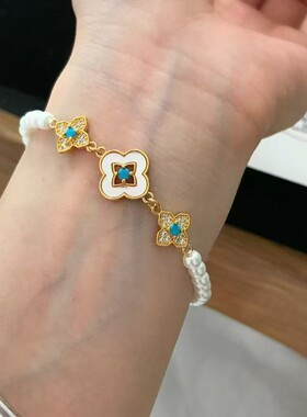 微镶锆石四叶草手链精致时尚小众高级感百搭复古精美珍珠手饰