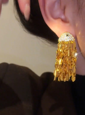重工鱼形金属亮片流苏耳环轻奢高级感名媛气质耳钉S925银针耳饰女