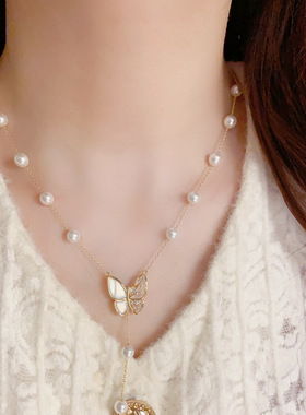 个性时尚贝母蝴蝶珍珠流苏项链女 高级设计感小众锁骨链新款颈链