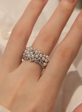 法式轻奢设计感满天星珍珠锆石开口戒指精致高级感百搭气质食指戒