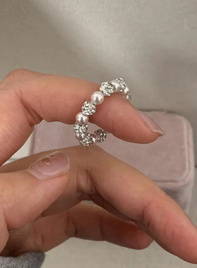 曼塔玫瑰超闪锆石球弹力绳珍珠戒指女温柔百搭时尚轻奢指环手饰品