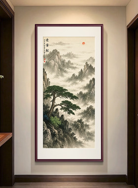 迎客松挂画山水画新中式玄关装饰画入户正对门竖版走廊过道壁画