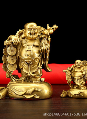 纯铜挑财弥勒佛摆件 大小号挑金币渡江大肚弥勒 家居玄关工艺礼品
