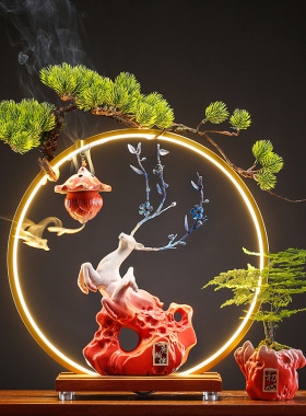 创意中式一鹿相伴倒流香炉摆件客厅电视柜博古装饰品家用室内薰香