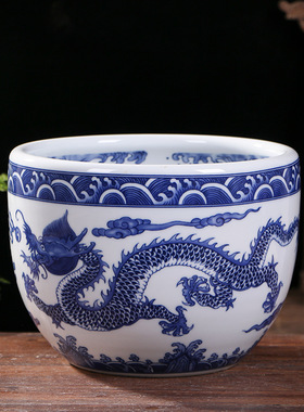 青花龙纹龙珠缸 景德镇中式仿古聚宝盆 客厅家居瓷器摆件工艺品