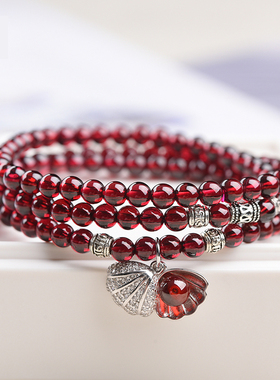 巴西酒红石榴石多圈水晶貔貅手链