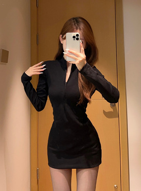 南郭良品黑色长袖连衣裙2026新款女春秋针织包臀裙气质辣妹修身