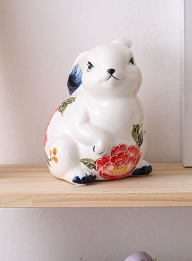 手绘青花工艺品陶瓷兔子摆件电视下方装饰品电视柜玄关摆件礼物