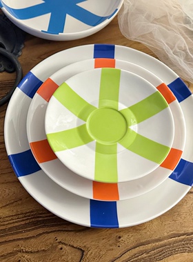 持续瓷生 出口JA陶瓷西餐平盘汤盘蛋糕水果盘子条纹彩色创意餐具