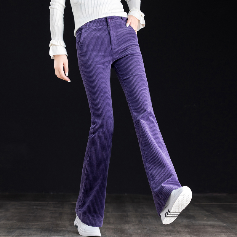 紫色加绒条绒微喇灯芯绒裤子女2023新款爆款秋季女裤显瘦喇叭长裤