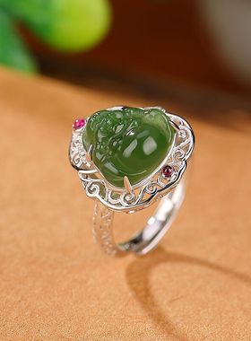 纯银和田玉碧玉笑佛银戒指