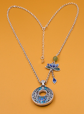 莲花平安扣9999纯银项链锁骨链