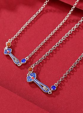 纯银南红景泰蓝复古套链