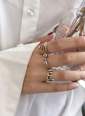 S925镀银日韩复古叠戴组合戒指女925镀银ins个性简约嘻哈蹦迪开口