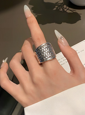 S925镀银韩版复古夸张编织网格戒指女个性时尚重工开口指环嘻哈朋