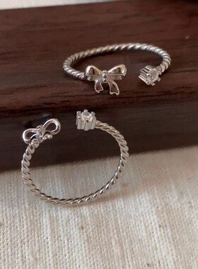 S925镀银俏皮可爱丝带蝴蝶结戒指女甜美精致百搭小众开口指环创意