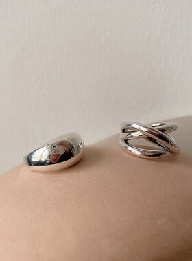 S925镀银韩版镀银气质水滴戒指女复古时尚光面线条交叉开口指环食