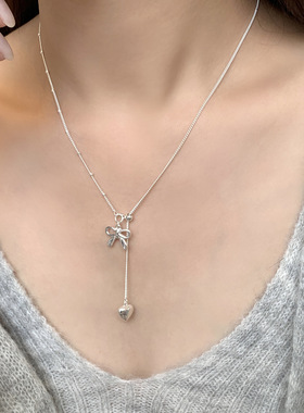 【两件包邮】甜酷流苏爱心蝴蝶结项链女简约时尚百搭气质S925镀银